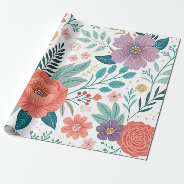 Papel De Presente Padrão de Impressão de Multiverso Floral Vibrante (Desenrolado)