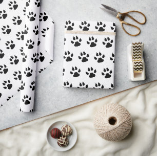 Papel De Presente Padrão de Impressão de Pata de Cachorro Preto e Br