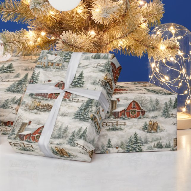 Papel De Presente Padrão de Inverno de Fazenda Rústica Coberta de Ne (Feriados)