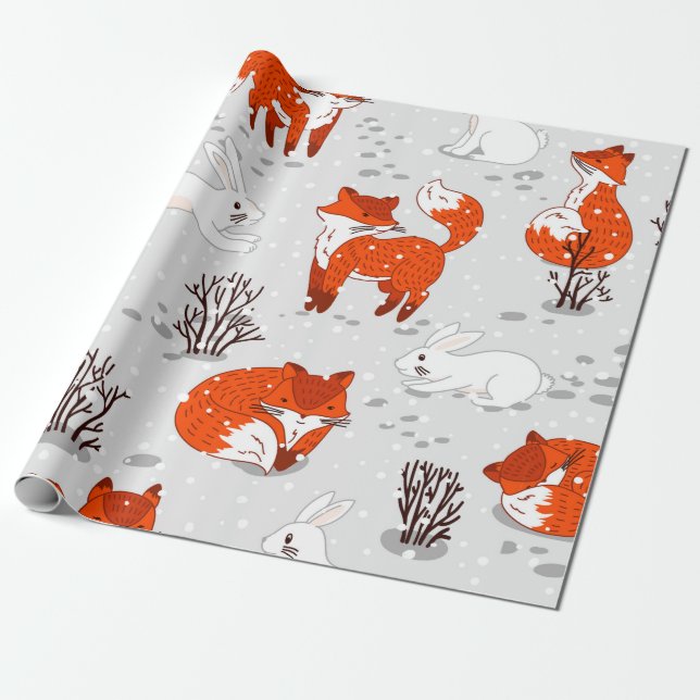Papel De Presente Padrão de inverno sem costura com raposas e coelhi (Desenrolado)