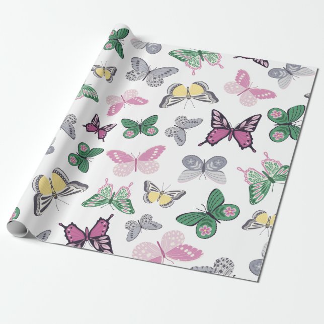 Papel De Presente Padrão de Jardim de Borboletas em Aquarela (Desenrolado)
