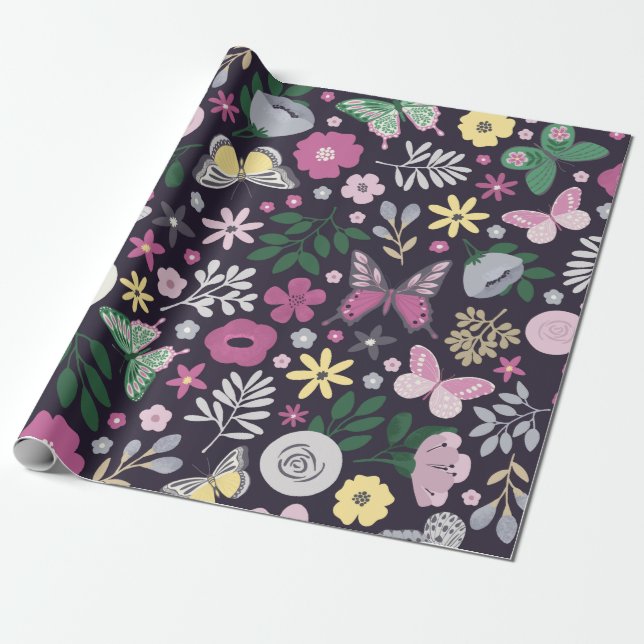 Papel De Presente Padrão de Jardim de Borboletas em Aquarela (Desenrolado)