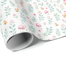 Papel De Presente Padrão de Jardim de Cogumelos Florais em Aquarela