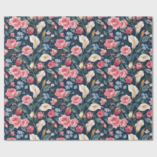 Papel De Presente Padrão de Jardim Floral Azul Naval Romântico
