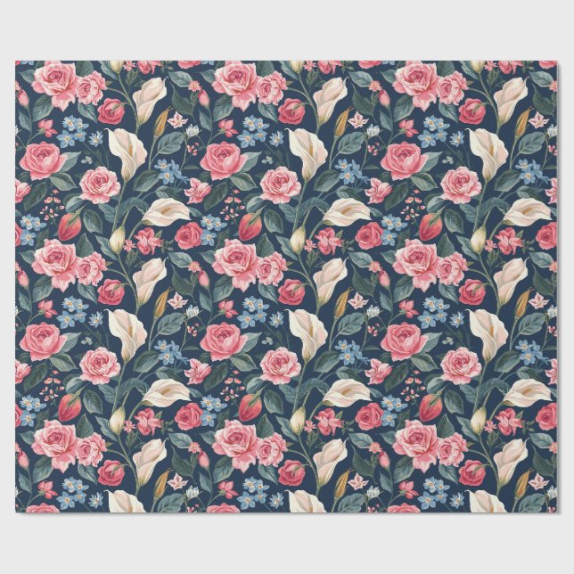 Papel De Presente Padrão de Jardim Floral Azul Naval Romântico (Aberto)
