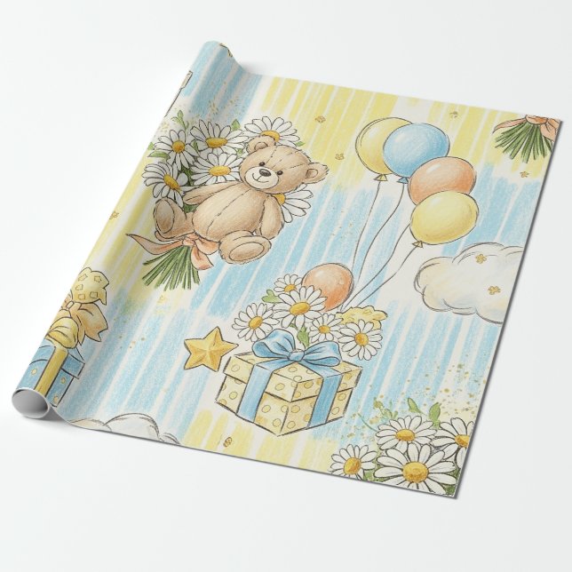 Papel De Presente Padrão de Jardim Margarida do Ursinho (3) (Desenrolado)