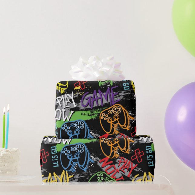 Papel De Presente Padrão de Jogo Neon Grafite (Presentes para festas)