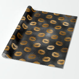 Papel De Presente Padrão de Lábios Glam Black e Gold