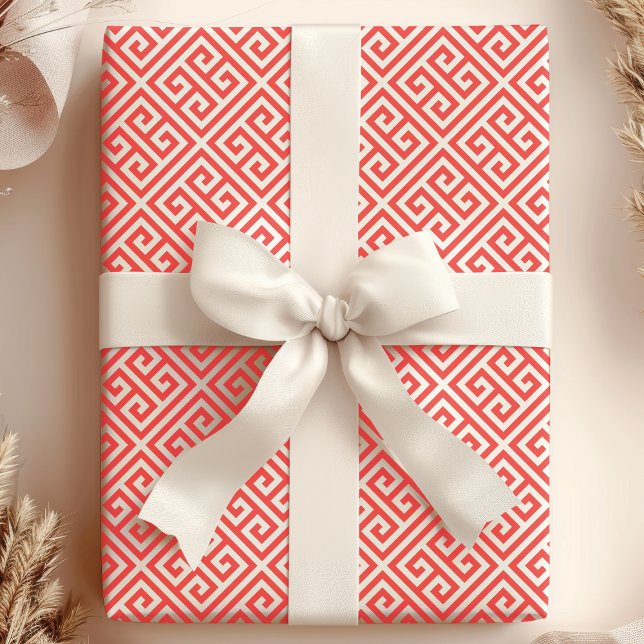 Papel De Presente Padrão de Labirinto de Chave Grega Vermelho e Bran (Criador carregado)