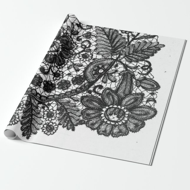PAPEL DE PRESENTE PADRÃO DE LACE DE ANTIQUILO PRETO E BRANCO COM PRE (Desenrolado)