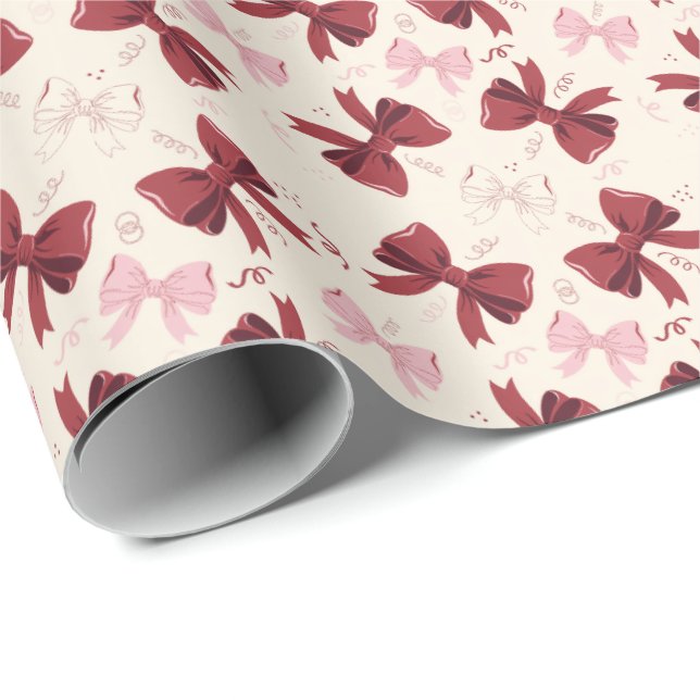 Papel De Presente Padrão de Laço Coquette Borgonha (Ponta do rolo)