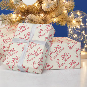 Papel De Presente Padrão de Laço de Férias Felizes Bege Vermelho