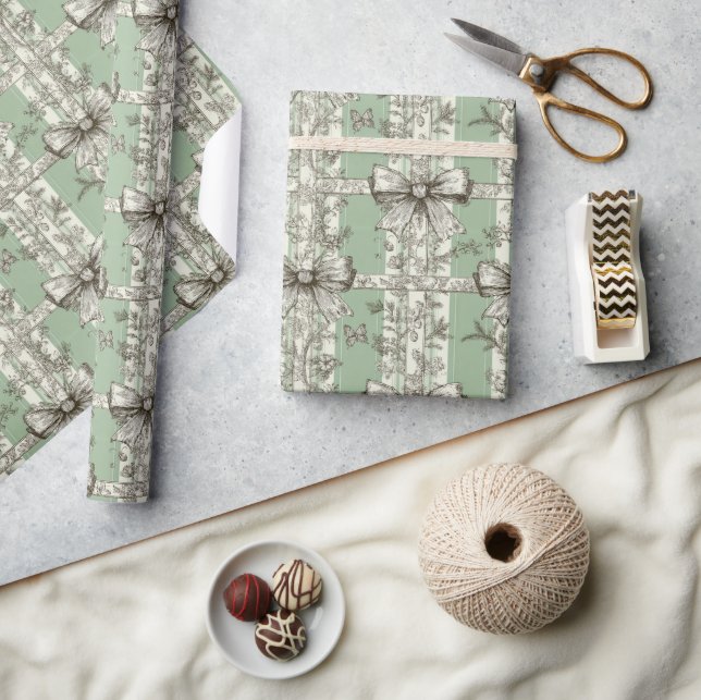 Papel De Presente Padrão de Laço de Toile de Natal Verde Francês (Artesanato)