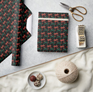 Papel De Presente Padrão de Laços Coquete Vermelho e Verde Festivo