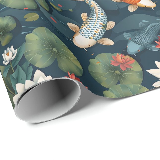 Papel De Presente Padrão de Lago de Koi e Flores de Lótus, Natureza  (Ponta do rolo)