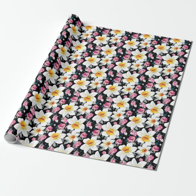 Papel De Presente Padrão de legância com flores narciso (Desenrolado)
