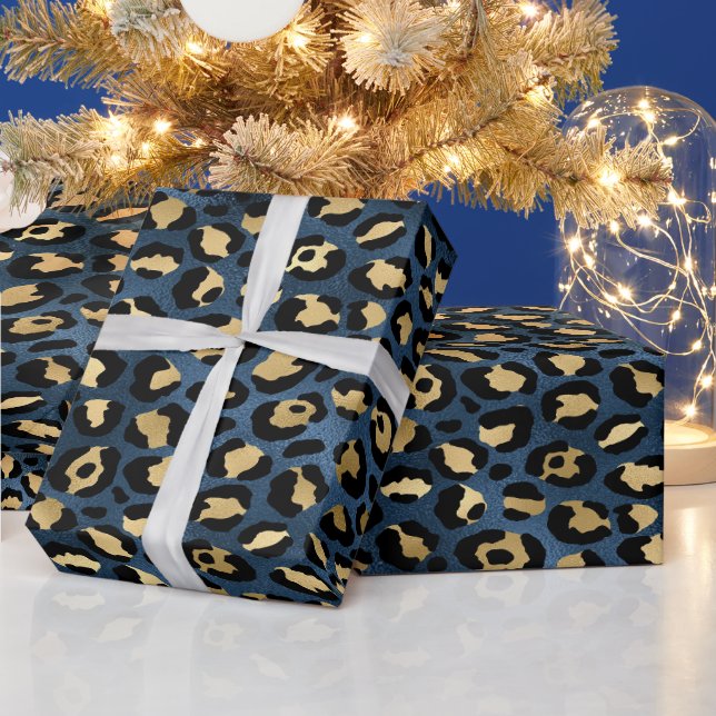 Papel De Presente Padrão de Leopardo Azul Dourado (Feriados)
