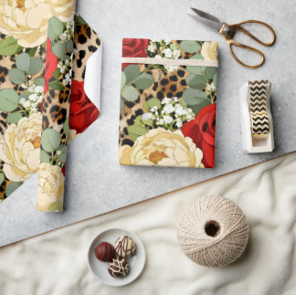 Papel De Presente Padrão de Leopardo & Rosa Vermelha - Floral Animal