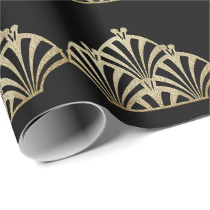 Papel De Presente Padrão de leque art déco preto bronze elegante vin