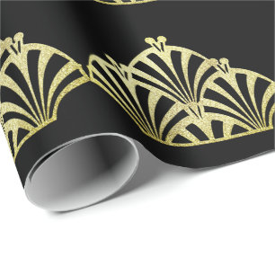 Papel De Presente Padrão de leque art déco preto dourado elegante vi