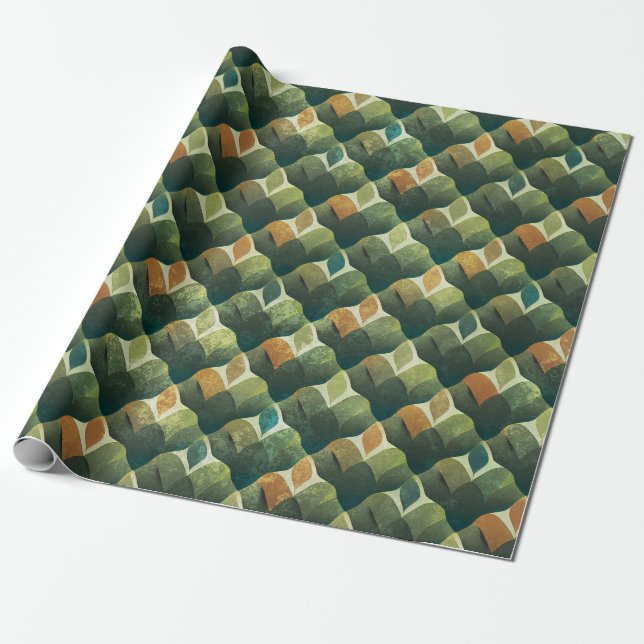 Papel De Presente Padrão de Leque Art Déco Verde Terroso (Desenrolado)