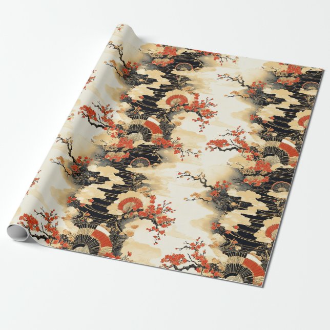 Papel De Presente Padrão de Leque de Flor de Cerejeira Japonesa (3) (Desenrolado)