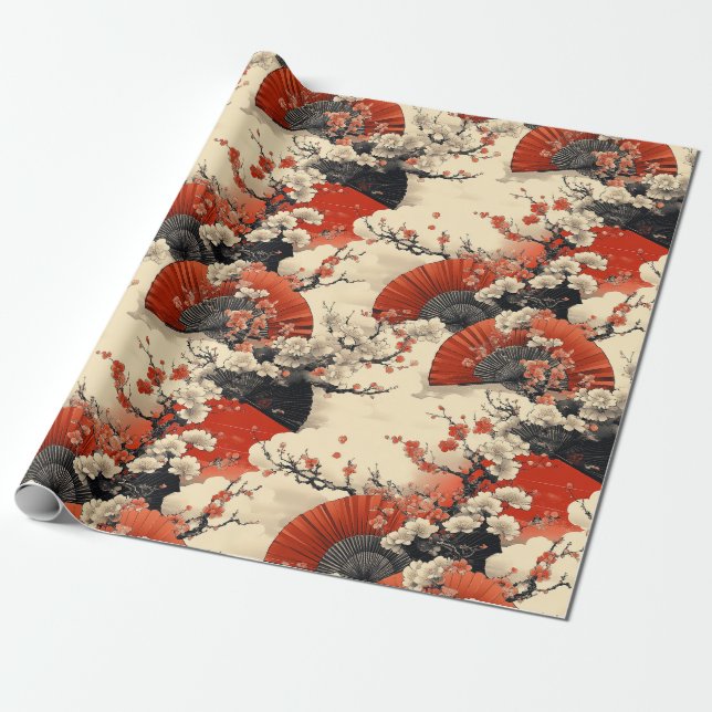 Papel De Presente Padrão de Leque de Flor de Cerejeira Japonesa (5) (Desenrolado)