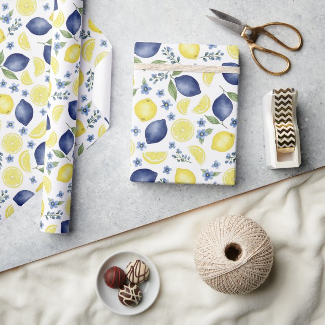 Papel De Presente Padrão de limão country francês azul (Artesanato)