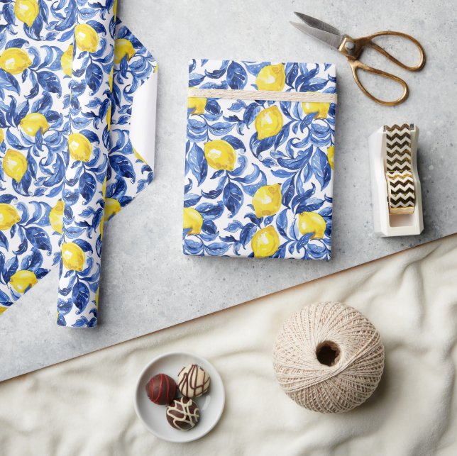 Papel De Presente Padrão de Limão em Aquarela Azul (Artesanato)