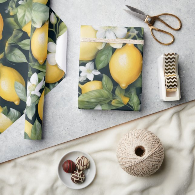 Papel De Presente Padrão de limão impermeável em flor branca (Artesanato)