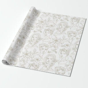 Papel De Presente Padrão de linha de rosto floral vintage preto e br