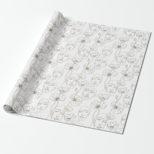 Papel De Presente Padrão de linha de rosto floral vintage preto e br
