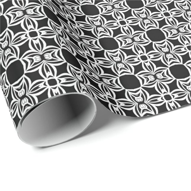 Papel De Presente Padrão de linhas de Mandala Preto e Branco 6 (Ponta do rolo)
