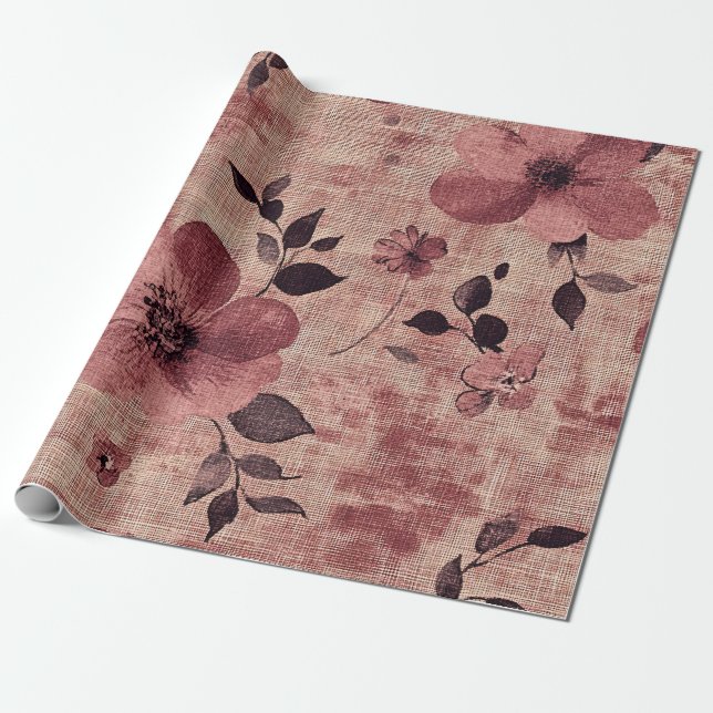 Papel De Presente Padrão de Linho Floral Rosa Choque Rústico (2) (Desenrolado)