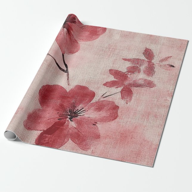 Papel De Presente Padrão de Linho Floral Rosa Choque Rústico (5) (Desenrolado)