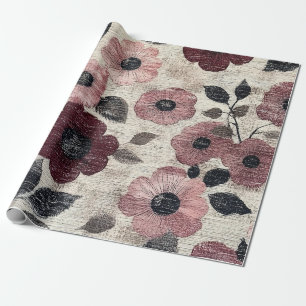 Papel De Presente Padrão de Linho Floral Rosa Rustico (7)