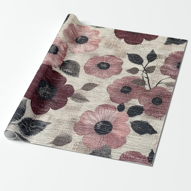 Papel De Presente Padrão de Linho Floral Rosa Rustico (7) (Desenrolado)