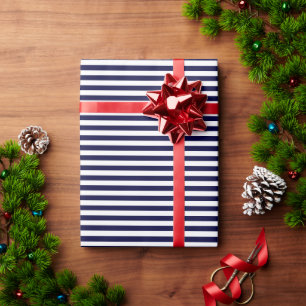 Papel De Presente Padrão de Listra Clássico Azul Marinho e Branco