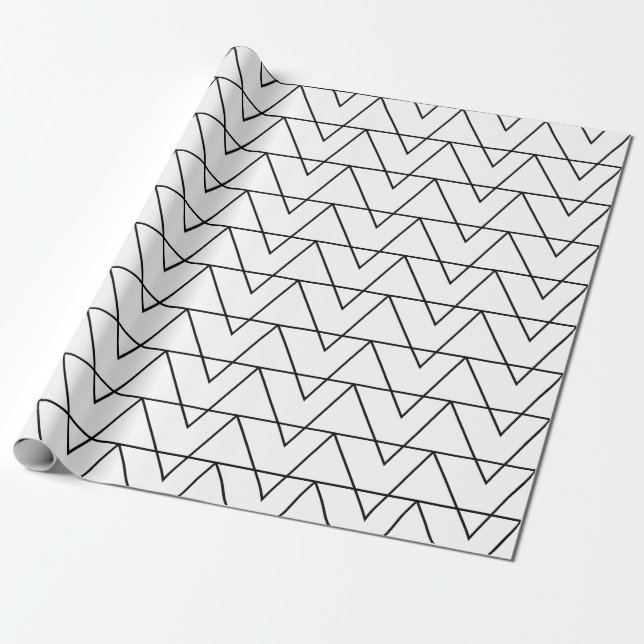 Papel De Presente Padrão de Listra de Chevron Preto e Branco (Desenrolado)