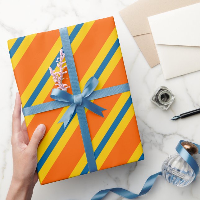 Papel De Presente Padrão de Listras Azuis, Laranjas e Amarelas em Ne (Presentear)