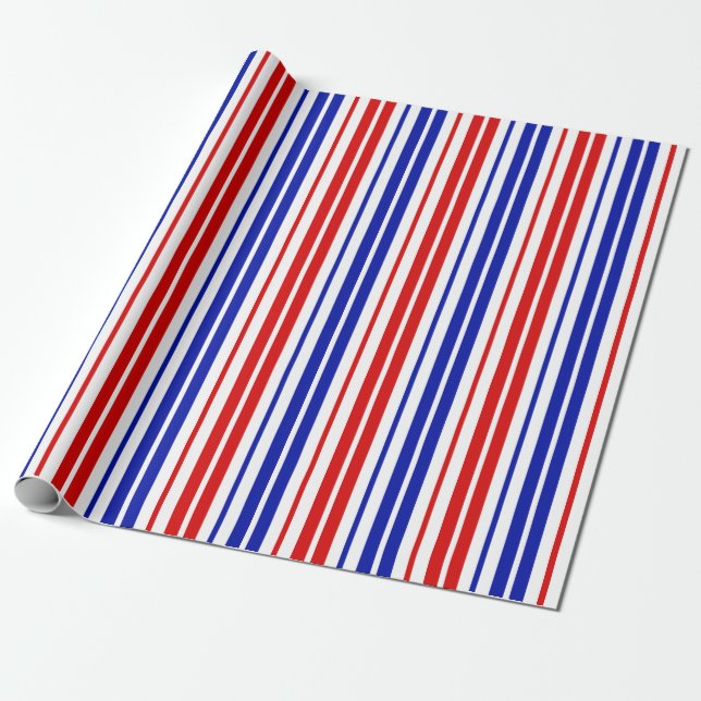 Papel De Presente Padrão de Listras Brancas Vermelhas e Azuis (Desenrolado)