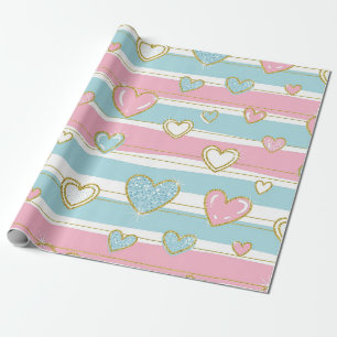 Papel De Presente Padrão de Listras Coração Pastel com Brilho (6)