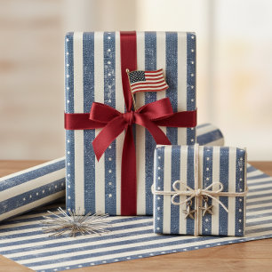 Papel De Presente Padrão de Listras e Estrelas Vintage Americana ID1
