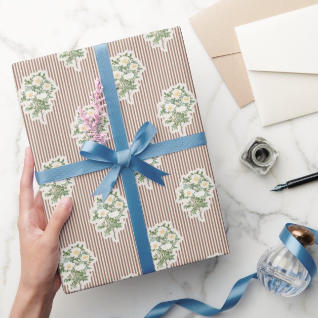 Papel De Presente Padrão de Listras Marrons Rosas Brancas Florais Vi (Presentear)