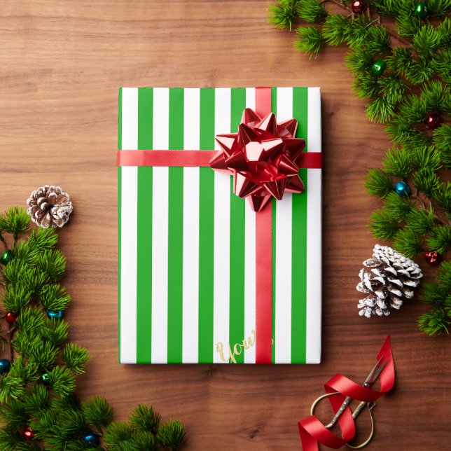 Papel De Presente Padrão de Listras Verde Branco de Natal com Texto  (Presente de Natal)