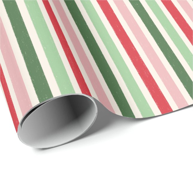 Papel De Presente Padrão de Listras Vermelho Verde Rosa Clássico (Ponta do rolo)
