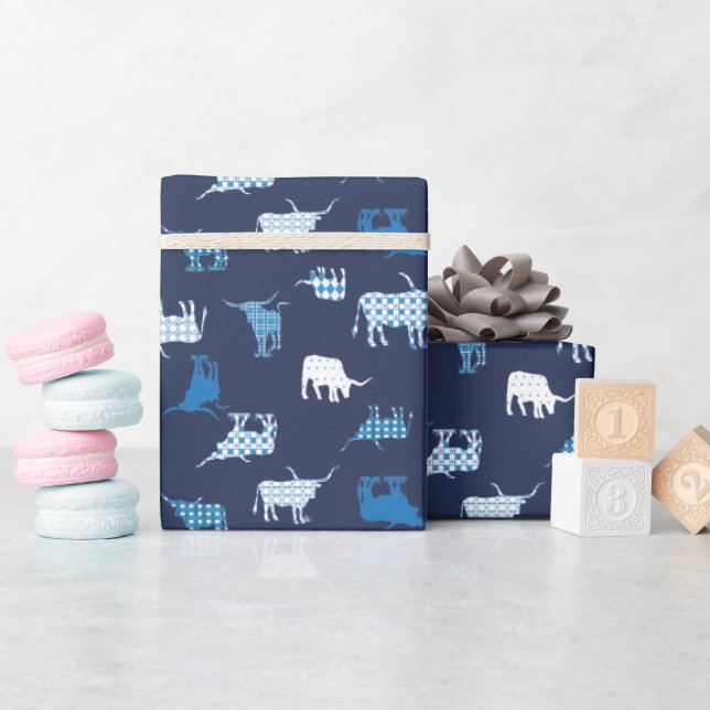 Papel De Presente Padrão de Longhorns Padrão Azul (Chá de bebê)