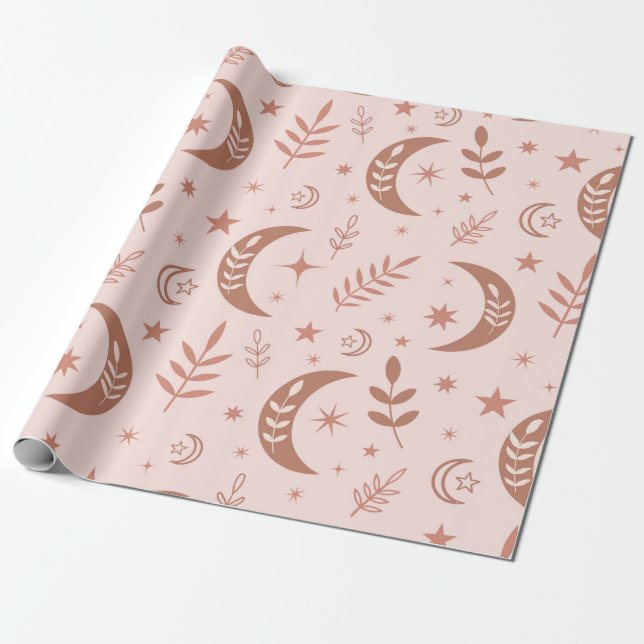 Papel De Presente Padrão de Lua Boho Marrom Terroso (Desenrolado)