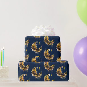 Papel De Presente Padrão de Lua Crescente Preto e Dourado de Hallowe