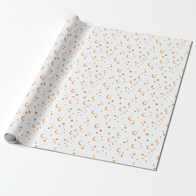 Papel De Presente Padrão de Lua e Estrelas Espalhadas (Desenrolado)
